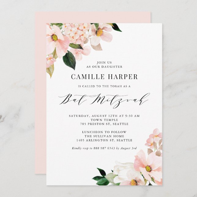 Blush Pink Magnolia and Hydrangea Bat Mitzvah Invitation (Front/Back)