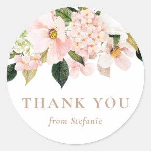 Blush Pink Magnolia and Hydrangea Thank You Classic Round Sticker