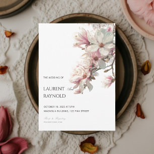 Blush Pink Magnolia Botanical Watercolor Wedding  Invitation