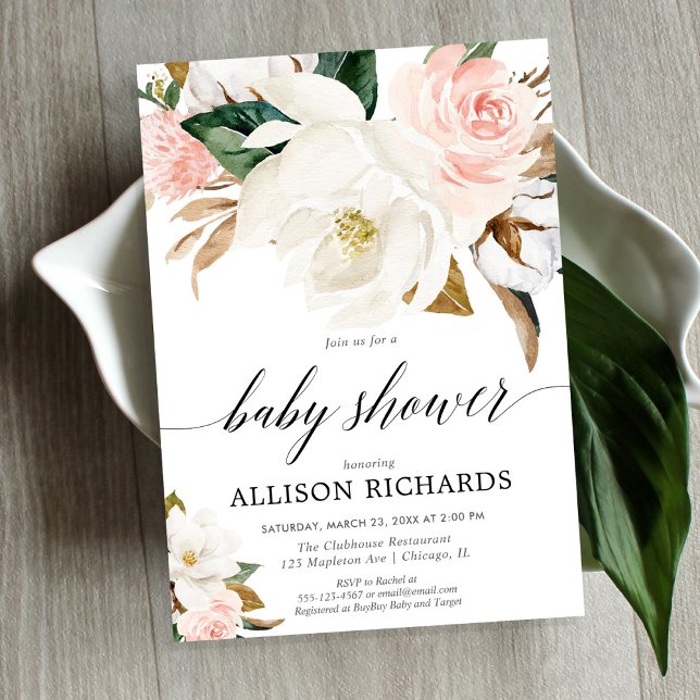 Blush pink magnolia floral rustic girl baby shower invitation (Creator Uploaded)