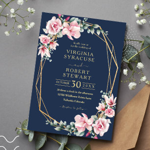 Blush Pink Magnolia Geometric Blue Navy Wedding Invitation