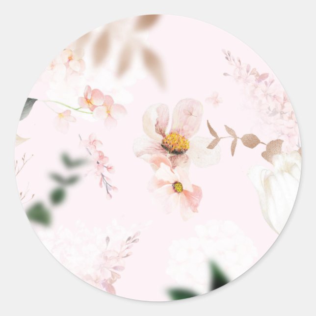 Blush Pink Magnolia Rose Gold Pattern Classic Round Sticker (Front)