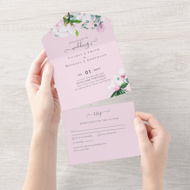 Blush Pink Magnolia Wedding All In One Invitation (Tearaway)