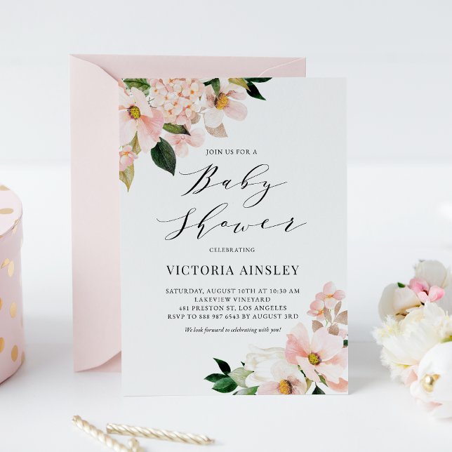 Blush Pink Magnolias and Hydrangeas Baby Shower Invitation (Creator Uploaded)