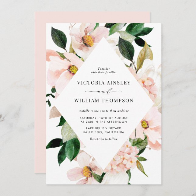 Blush Pink Magnolias and Hydrangeas Frame Wedding Invitation (Front/Back)