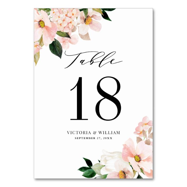 Blush Pink Magnolias and Hydrangeas Rose Gold Table Number (Back)