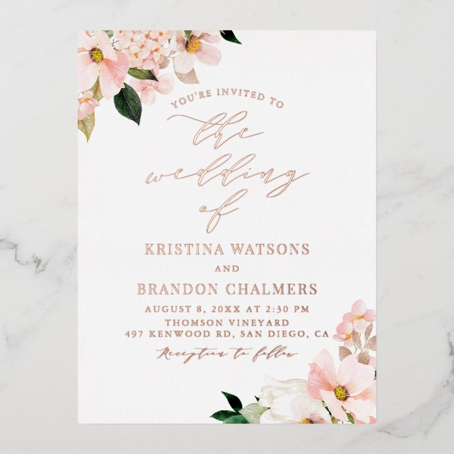 Blush Pink Magnolias and Hydrangeas Spring Wedding Foil Invitation Postcard (Front)