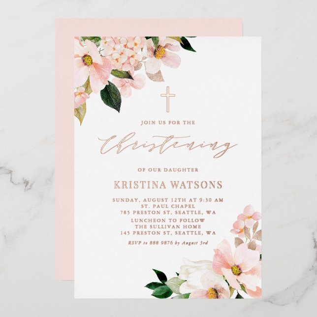 Blush Pink Magnolias Rose Gold Christening (Front/Back)