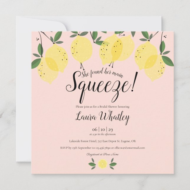 Blush Pink Main Squeeze Lemons Bridal Shower Invitation (Front)