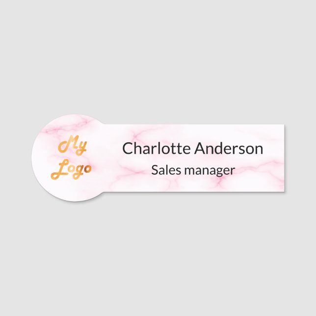 Blush pink marble business empoyee logo name tag (Front)