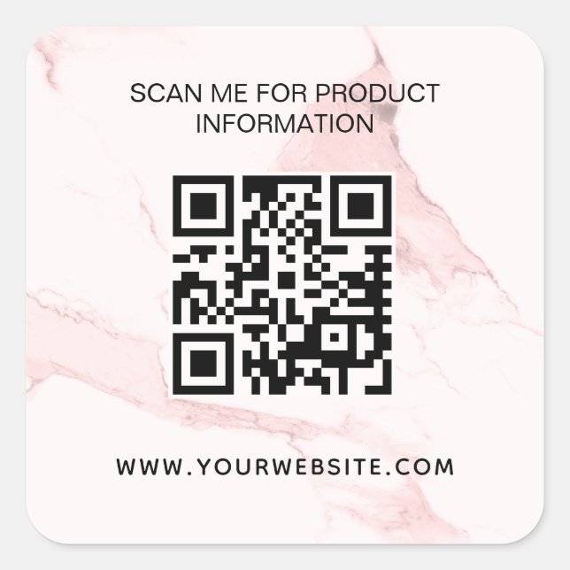 Blush pink marble business information qr code square sticker (Front)