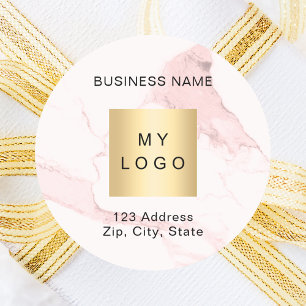 Blush pink marble business logo address classic round sticker