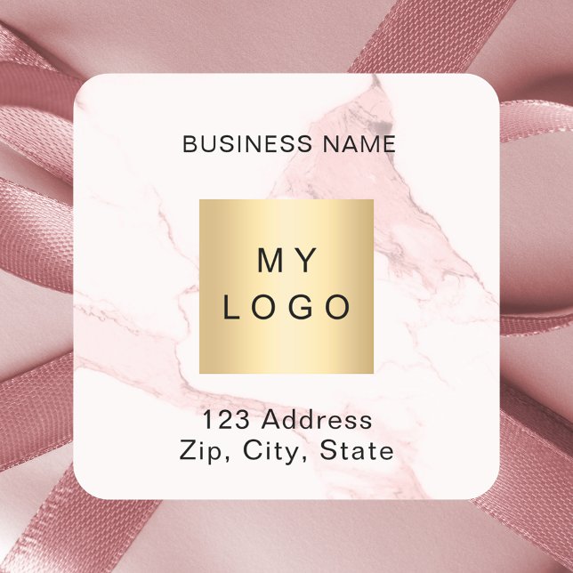 Blush pink marble business logo address square sticker (Creator Uploaded)
