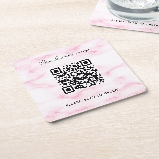 Blush pink marble business name qr code square paper coaster (Angled)