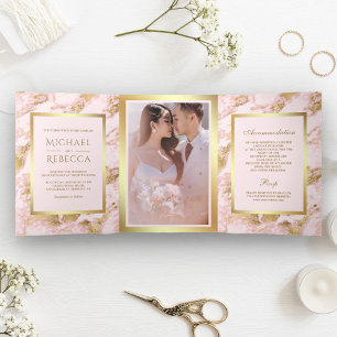 Blush Pink Marble Faux Gold Foil Photo Wedding Tri-Fold Invitation
