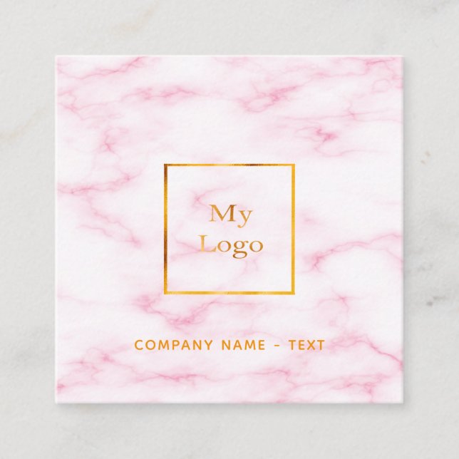 Blush pink marble gold photo logo QR code Square Business Card (Front)