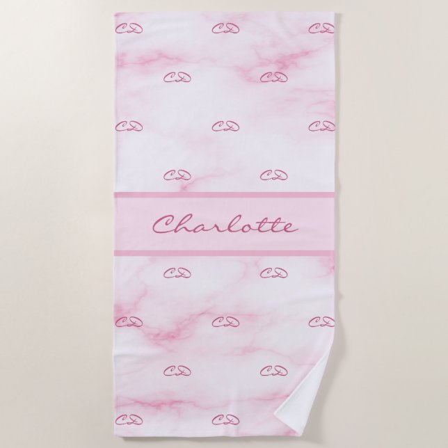 Blush pink marble monogram initials pattern name beach towel (Front)