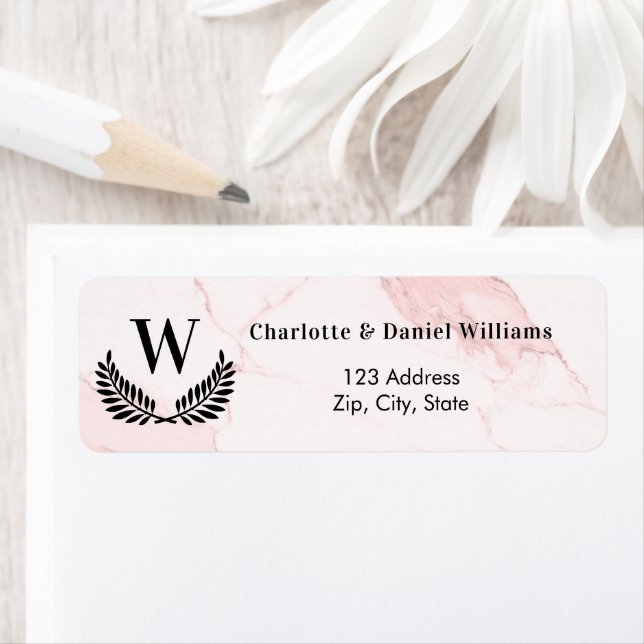Blush pink marble monogram return address label (Insitu)