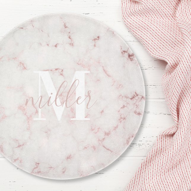 Blush Pink Marble Monogram Round Glass Cutting Board (Creator Uploaded)