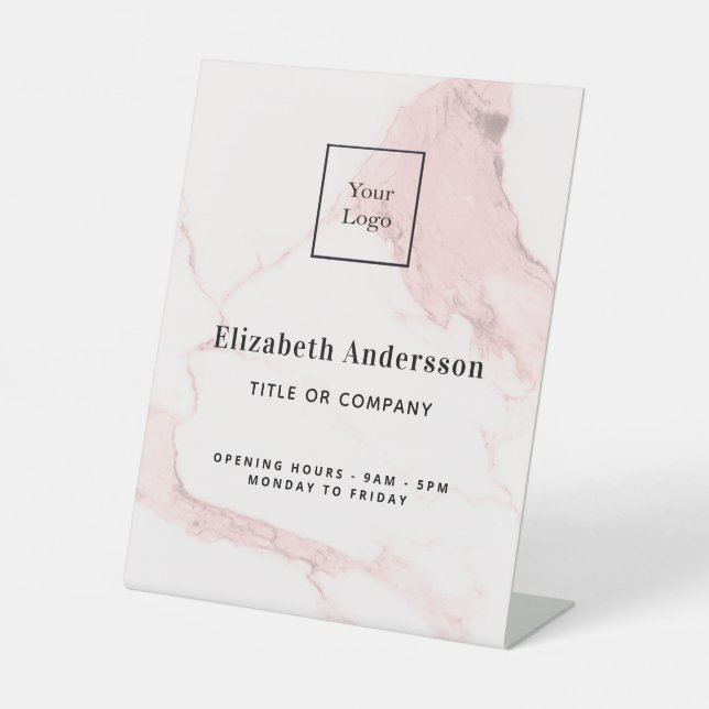 Blush pink marble name title elegant business logo pedestal sign (Front)