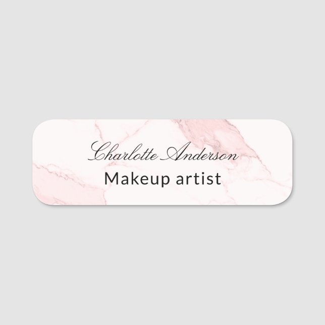 Blush pink marble script business empoyee  name tag (Front)