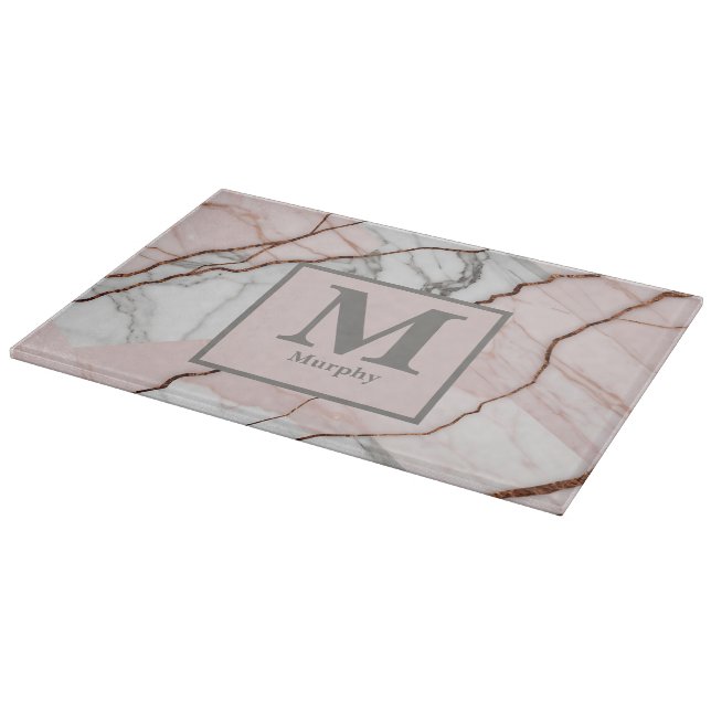 Blush Pink Marble with Copper Accents Monogram Cutting Board (Corner)