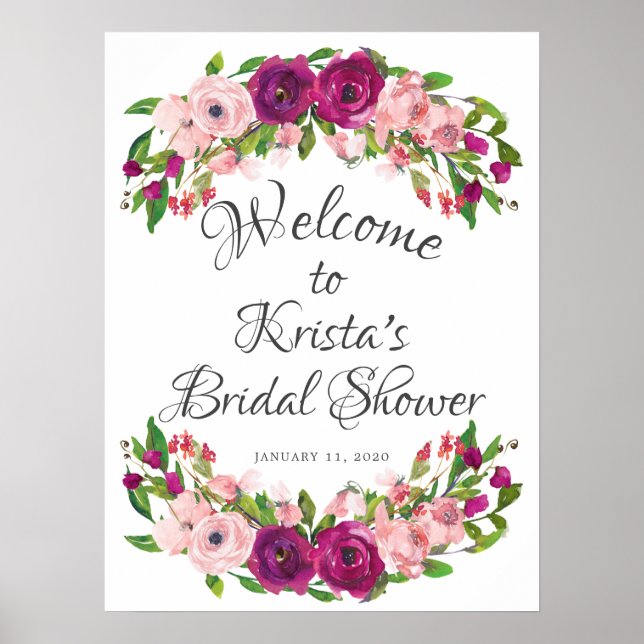 Blush Pink & Marsala Floral Welcome Bridal Shower Poster (Front)