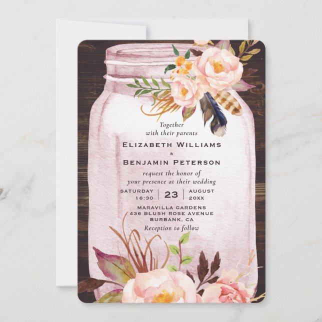 Blush Pink Mason Jar Feather Floral Wedding Invitation (Front)