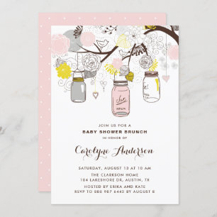 Blush Pink Mason Jars Floral Baby Shower Brunch Invitation