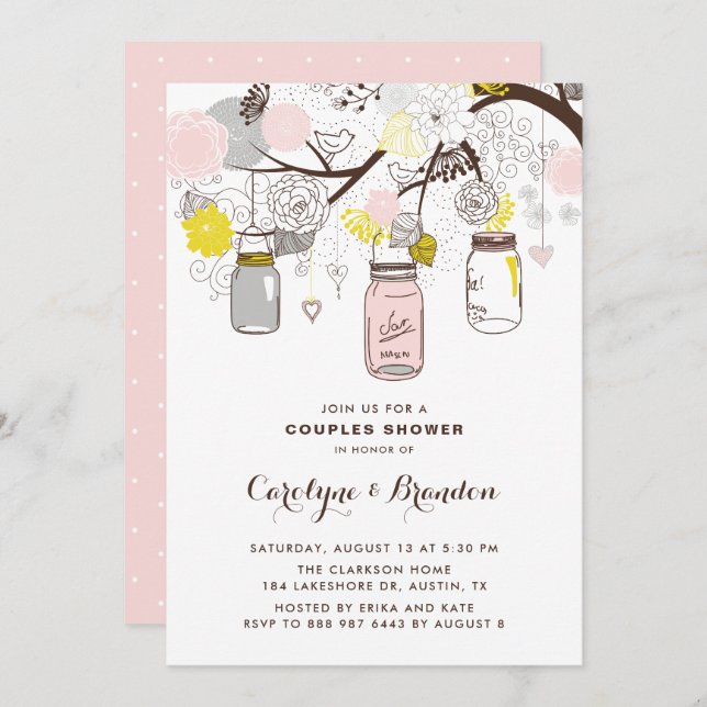 Blush Pink Mason Jars Floral Couples Shower Invitation (Front/Back)