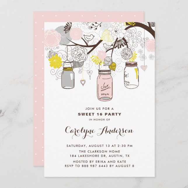 Blush Pink Mason Jars Floral Sweet Sixteen Party Invitation (Front/Back)