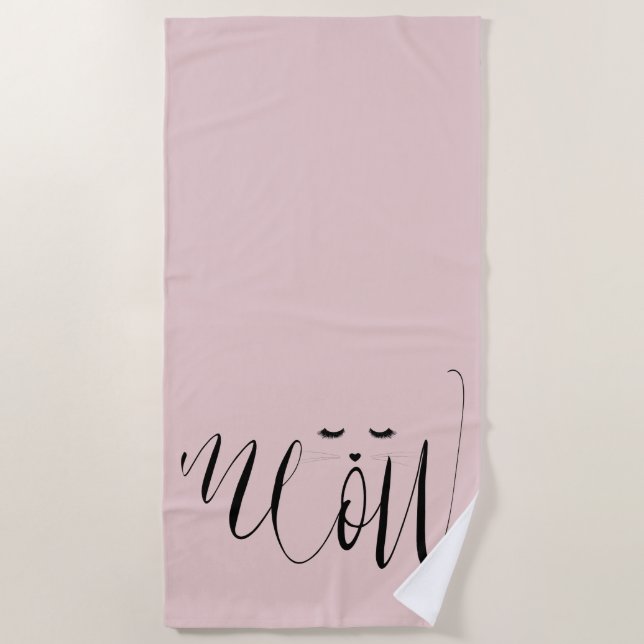 Blush Pink Meow Cat Beach Towel (Front)