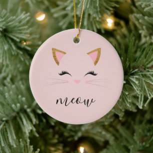 Blush PInk Meow Whiskers Kitty Ceramic Ornament