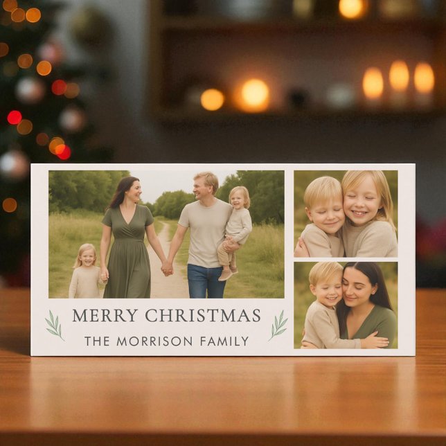 Blush Pink Merry Christmas 3 Photo Botanical  Holiday Card (Creator Uploaded)