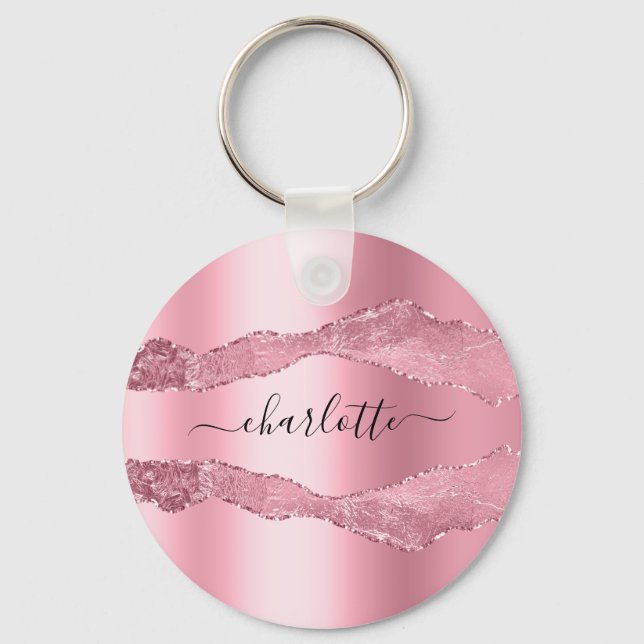 Blush pink metal agate marble name script key ring (Front)