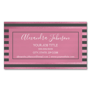 Blush Pink Metallic Foil and Grey Stripes Magnetic Business Card