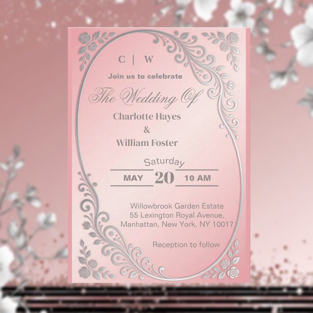 Blush Pink Metallic Glitter Silver Florals Wedding Invitation (Blush Pink Metallic Glitter Silver Florals Wedding Invitation)