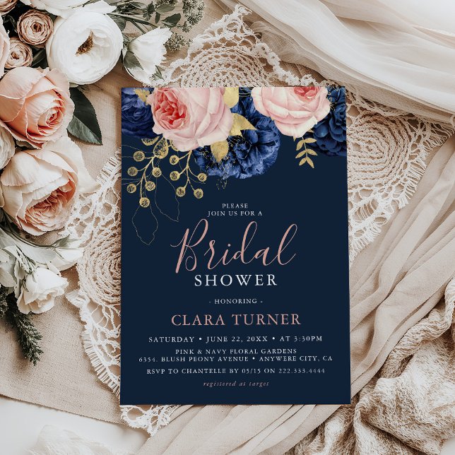 Blush Pink & Midnight Navy Florals Bridal Shower Invitation (Creator Uploaded)