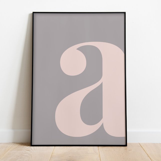 Blush Pink Minimal Letter A Typography Wall Art (Modern Grey and Blush Letter A Poster iin a black frame.)