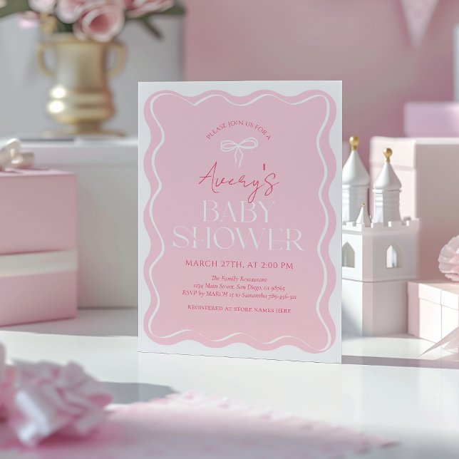 Blush Pink Minimal Modern Bow  Baby Girl Shower Invitation (Creator Uploaded)