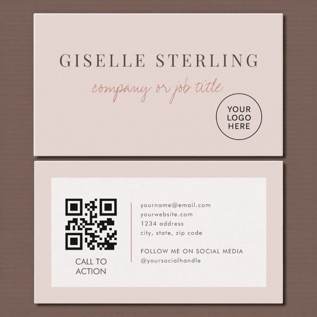 Blush Pink Minimalist Company Logo QR Code Business Card (Creator Uploaded)