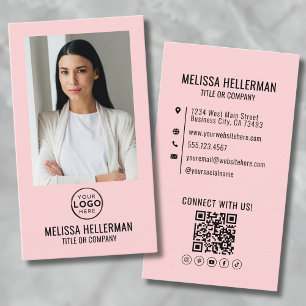 Blush Pink Minimalist Photo QR Code Logo Vertical Business Card