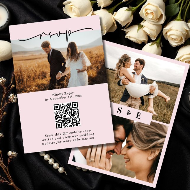 Blush Pink Minimalist Script QR code Photo Wedding RSVP Card (Creator Uploaded)