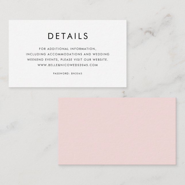 Blush Pink Minimalist Typography Wedding Details Enclosure Card (Front/Back)