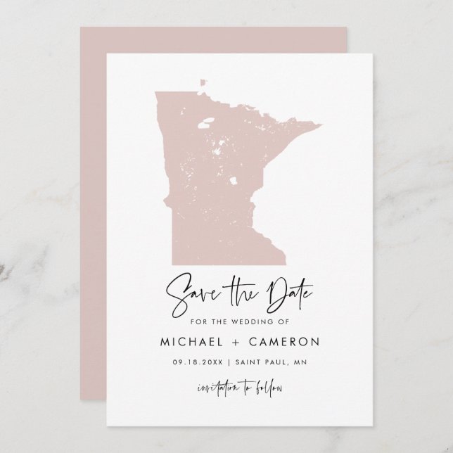Blush Pink Minnesota Map Minimalist Script Wedding Save The Date (Front/Back)
