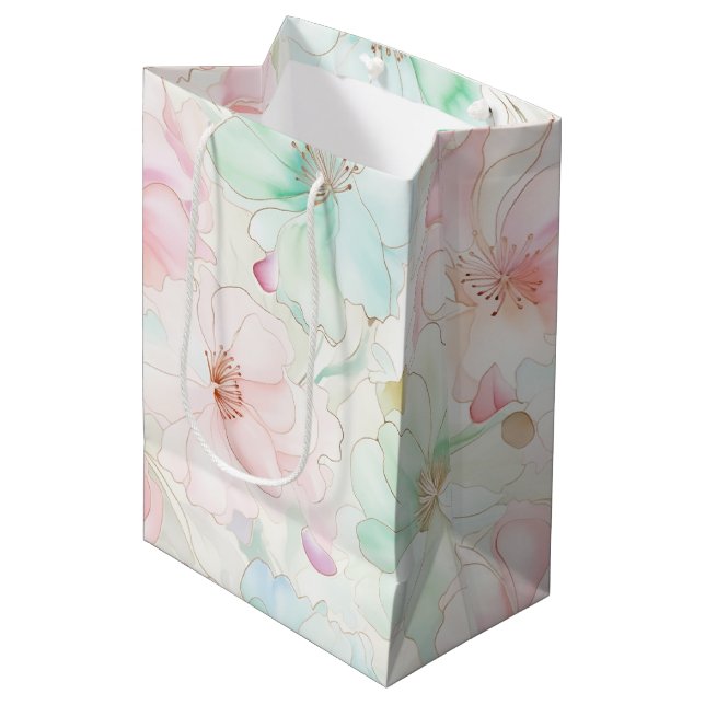 Blush Pink Mint Flowers Birthday Medium Gift Bag (Front Angled)