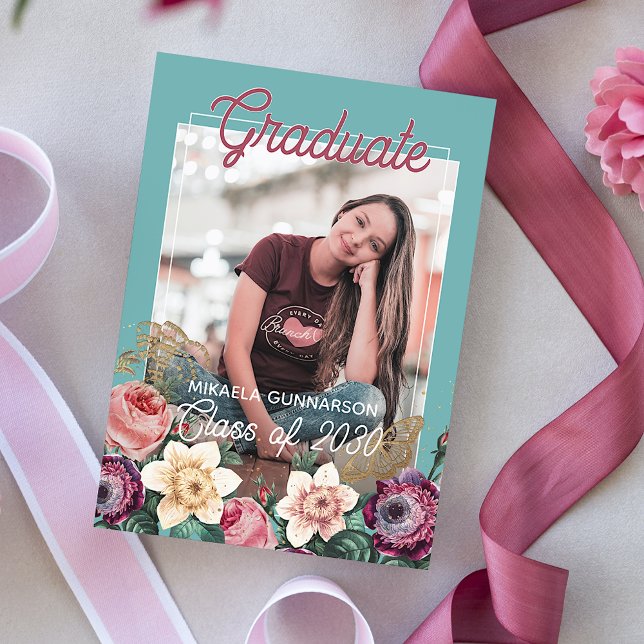 Blush Pink Mint Green Botanical Floral Graduation Announcement (Creator Uploaded)