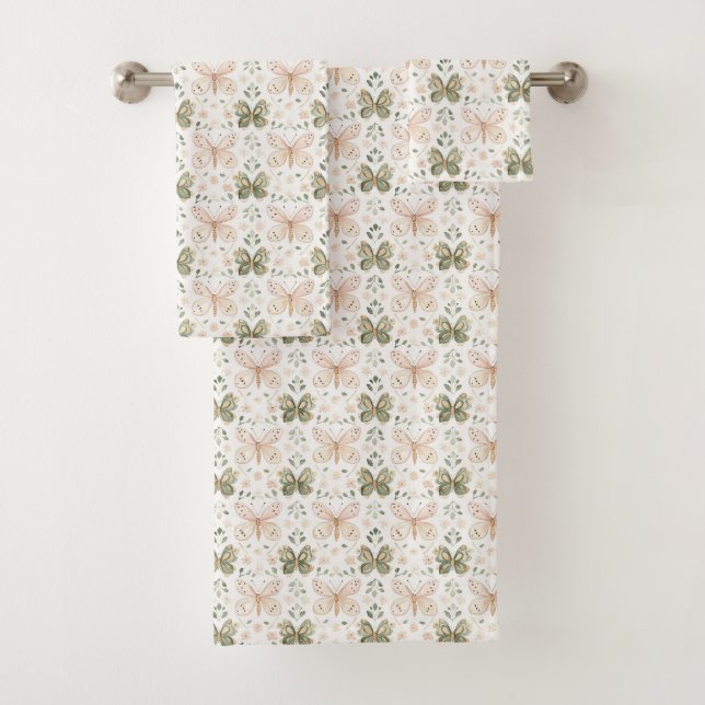 Blush Pink Mint Green Butterflies  Bath Towel Set (Insitu)