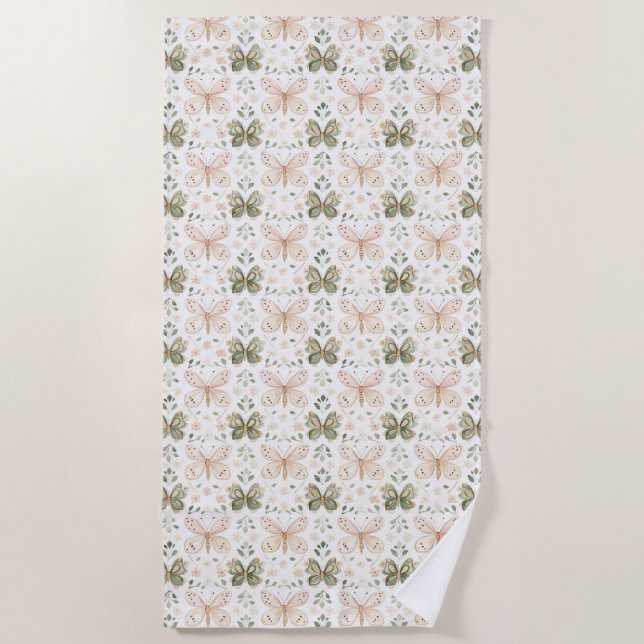 Blush Pink Mint Green Butterflies  Beach Towel (Front)