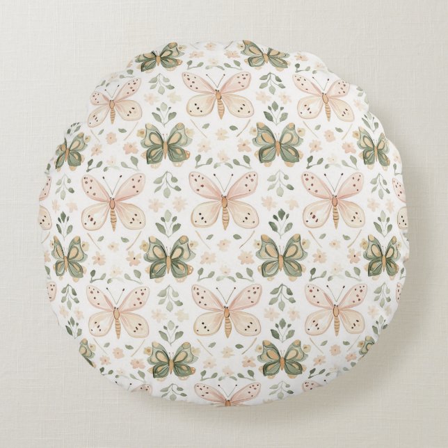 Blush Pink Mint Green Butterfly Round Cushion (Front)